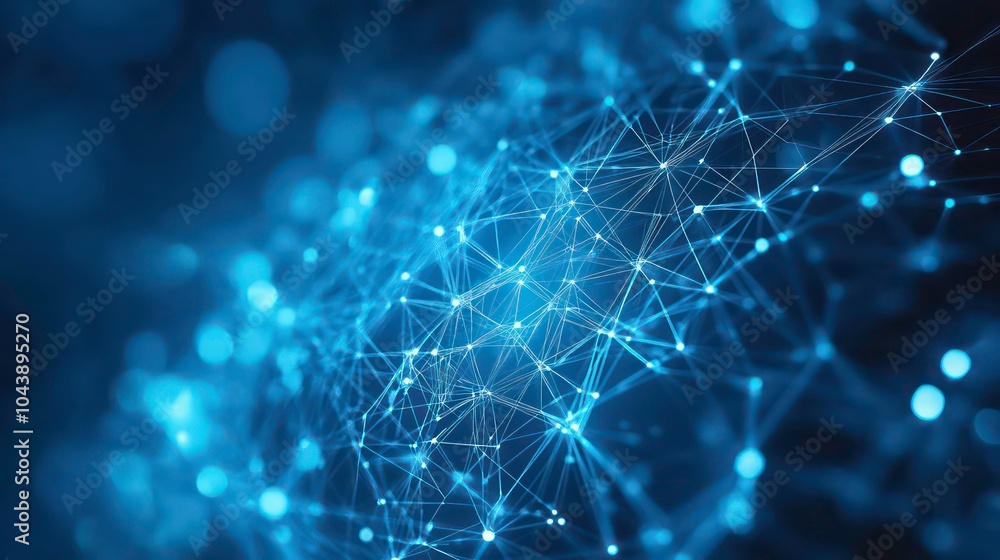Poster Abstract blue digital network with glowing lines and points on a dark background.