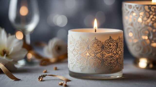 Aesthetic preparation of decorative white candle on a wedding themed background. bokeh style.