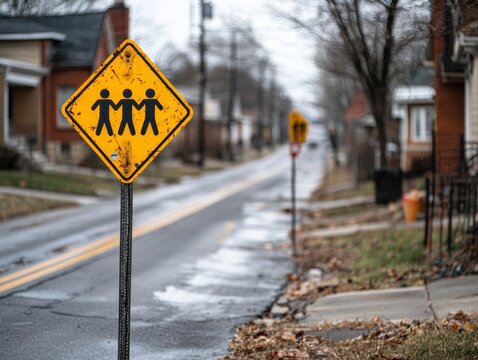 Empty suburban street with a yellow pedestrian crossing sign on a cloudy day, showcasing suburban life and road safety awareness.