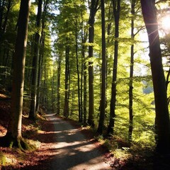 A full shot eye-level photo of a scenic forest, with deep focus highlighting the path, lush greenery, and beams of sunlight filtering through the canopy.