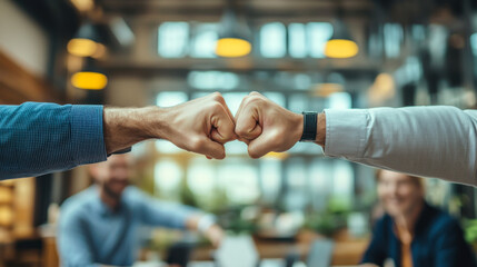 Colleagues celebrating a successful meeting with a fist bump in a bright, modern office setting during the afternoon