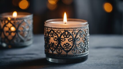 Aesthetic preparation of decorative gray candle on a wedding themed background. bokeh style.
