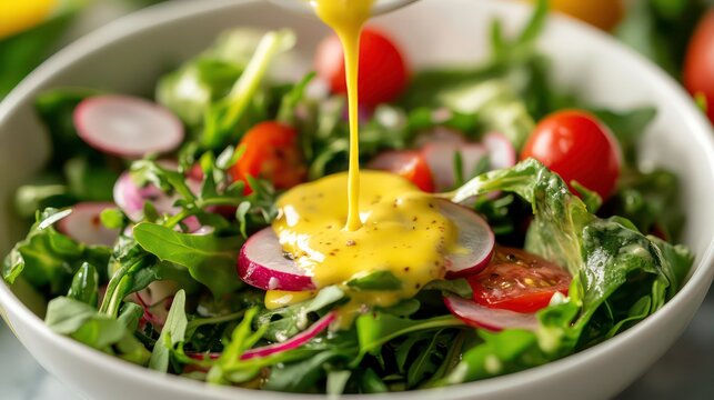 Close-up of a fresh green salad with cherry tomatoes, radishes, and a honey mustard dressing being poured over the top.