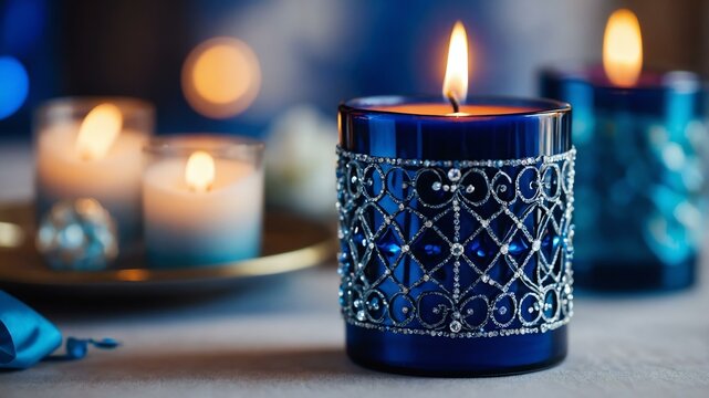 Aesthetic preparation of decorative blue candle on a wedding themed background. bokeh style.
