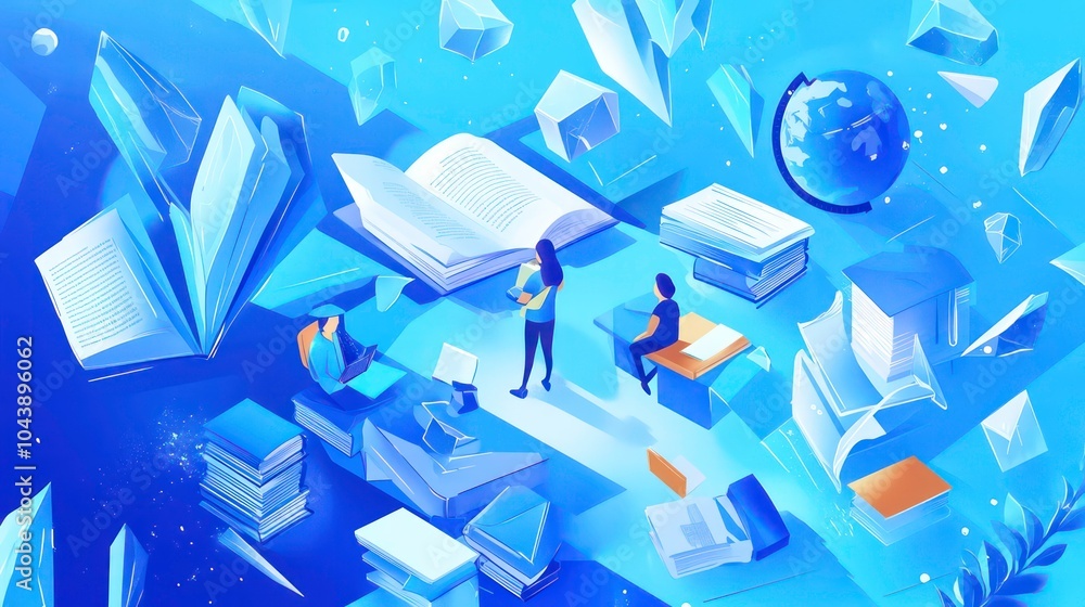 Aufkleber Three people surrounded by floating books and crystal-like objects representing knowledge and learning.