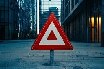 Red triangular road sign in a modern urban setting, surrounded by glass buildings at twilight, symbolizing caution and direction.
