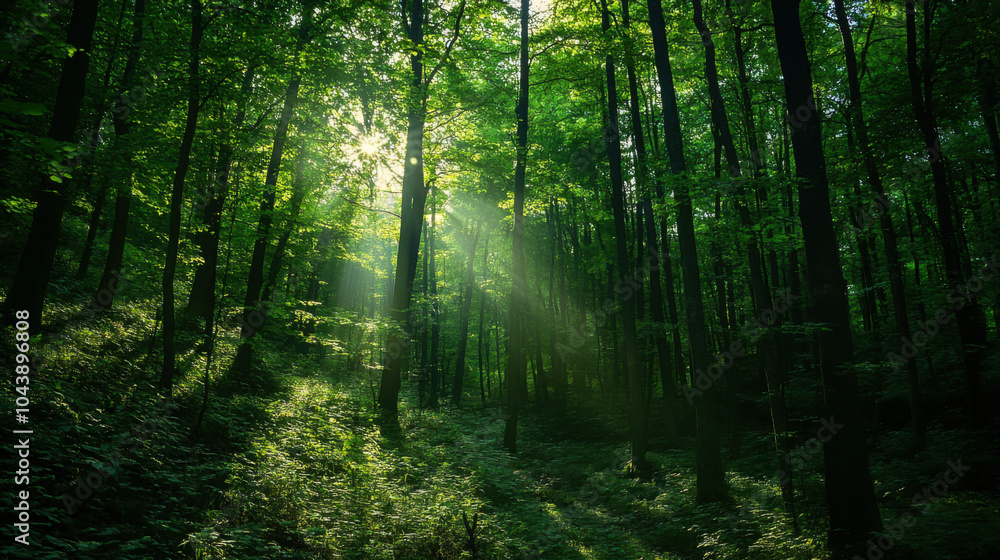 Poster golden sunlight filters through the trees in a lush forest during late afternoon, creating a serene 