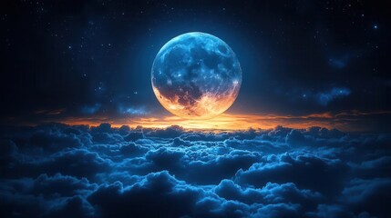 luminous full moon casting a soft glow on clouds and twinkling stars in a deep night sky creating a serene and magical atmosphere with hints of blue and silver