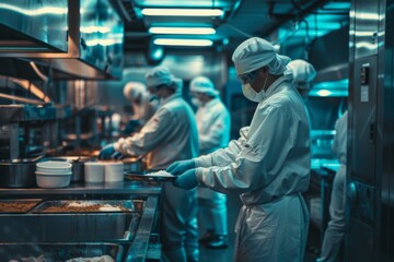 Fototapeta premium Bustling food processing facility with workers in protective gear