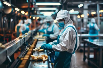 Obraz premium Bustling food processing facility with workers in protective gear