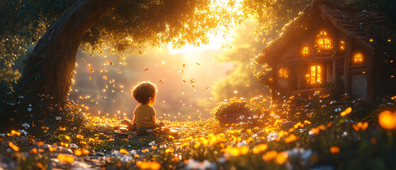 Fototapeta premium Magical Forest Scene with Child, Cottage, and Sunbeams