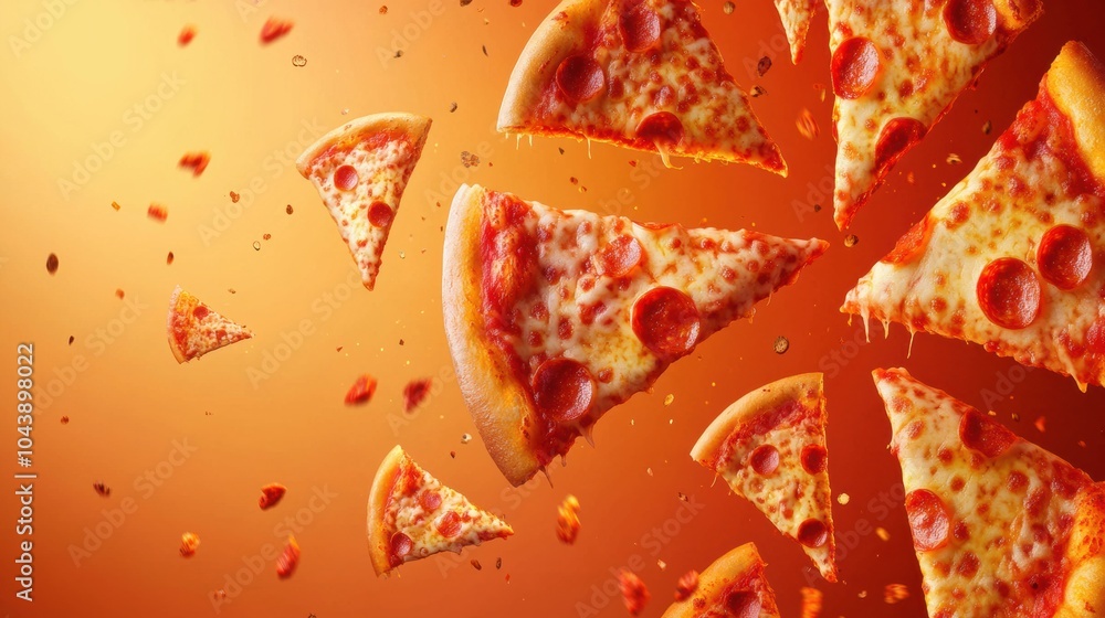 Aufkleber slices of pepperoni pizza soar diagonally against a warm orange background, ready to capture attenti