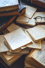 Obraz premium Old handwritten notes with glasses, vintage mood.