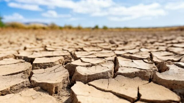 The ground displays extensive cracking due to drought conditions, showcasing the effects of water scarcity in the dry season