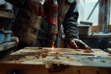 Craftsman is precisely drilling a wooden plank at workshop