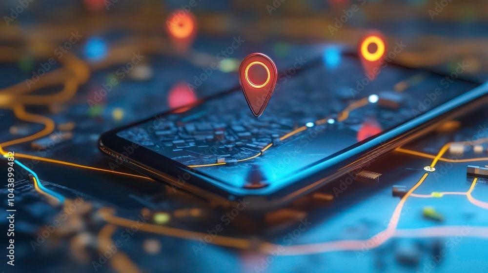 Poster A red pin on a smartphone screen showing a map with multiple other pin points.