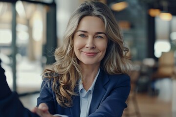 Happy middle aged Caucasian business woman hand shaking with colleague