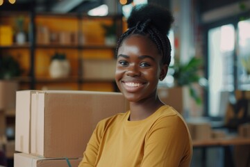 Obraz premium Happy young black female Handling shipping and logistics in startup company office