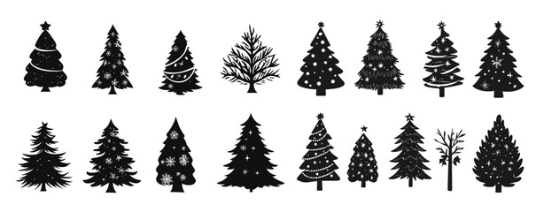 Fototapeta premium Merry Chrismas tree icon set on gray background, set of silhouettes of trees chersmas, vector illustration flat desing