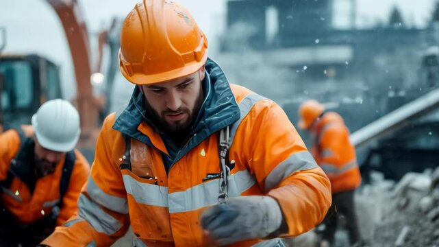 Construction workers in winter gear perform site duties in a busy urban area