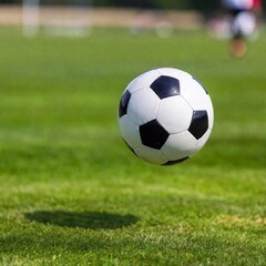 Fototapeta premium A tight macro shot of the ball as it spins through the air, with the focus racking to the goalkeeper diving to make a save. The Dutch angle adds movement and imbalance to the action