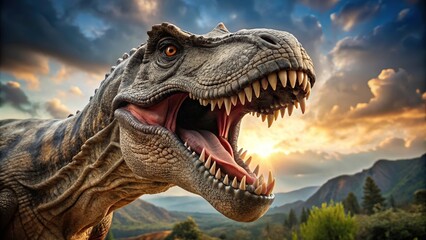 Obraz premium Realistic photography of roaring Tyrannosaurus Rex dinosaur from Jurassic era, extremely detailed studio shot Close-Up