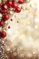 A vibrant display of red and gold ornaments hangs delicately, creating a joyful atmosphere. The shimmering background adds a festive touch, perfect for celebrating the holiday season. Copy space