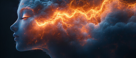 Abstract Portrait of a Woman with Fire and Clouds