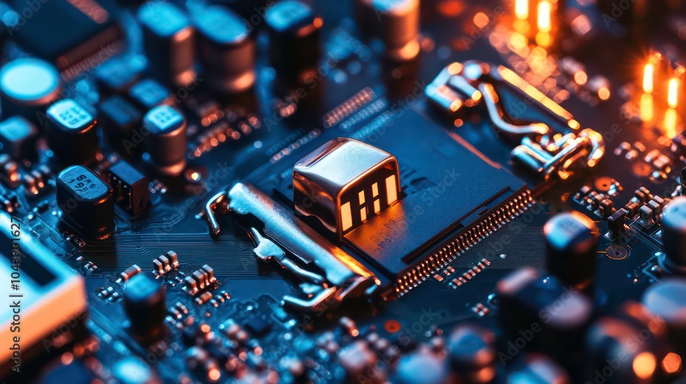 Poster close-up of a microchip on a circuit board, illuminated in blue and orange light.