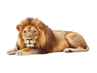 Obraz premium Majestic male lion with a lush mane resting serenely, showcasing its regal presence.