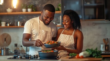 Couple cooking together in a home kitchen.