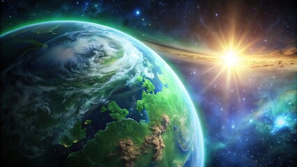 Obraz premium Realistic rendering of Earth from space with glowing green nebula in background Forced Perspective