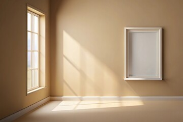 Realistic scene Wall mockup on beige background with window shadow layout and reflection