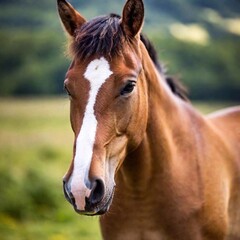 Obraz premium A close-up photo of a horse's eyes reflecting a scenic landscape, deep focus revealing the depth and clarity in its eyes and the faint outline of its surroundings, eye-level shot to emphasize the