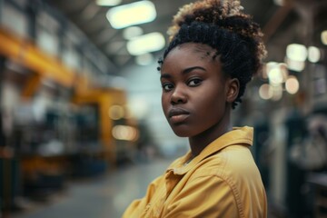Fototapeta premium Portrait of a young adult African American female Assembly Line Worker