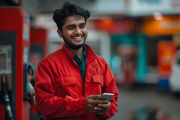 Portrait of a smiling young Indian male gas station attendant