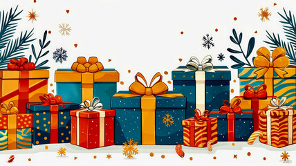 A collection of beautifully wrapped gift boxes in vibrant colors and patterns, adorned with bows and festive elements. Ideal for seasonal celebrations and holiday gifting ideas.