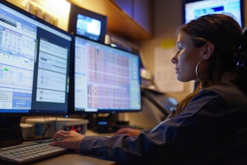 Registered nurse reviews patient charts on computer monitors