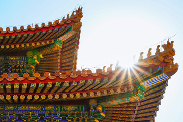 View of the Forbidden City on a sunny day in Beijing, China. 