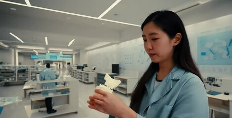 A Korean female doctor demonstrates a 3D-printed object in a medical classroom, using advanced technology to enhance learning and education for her students