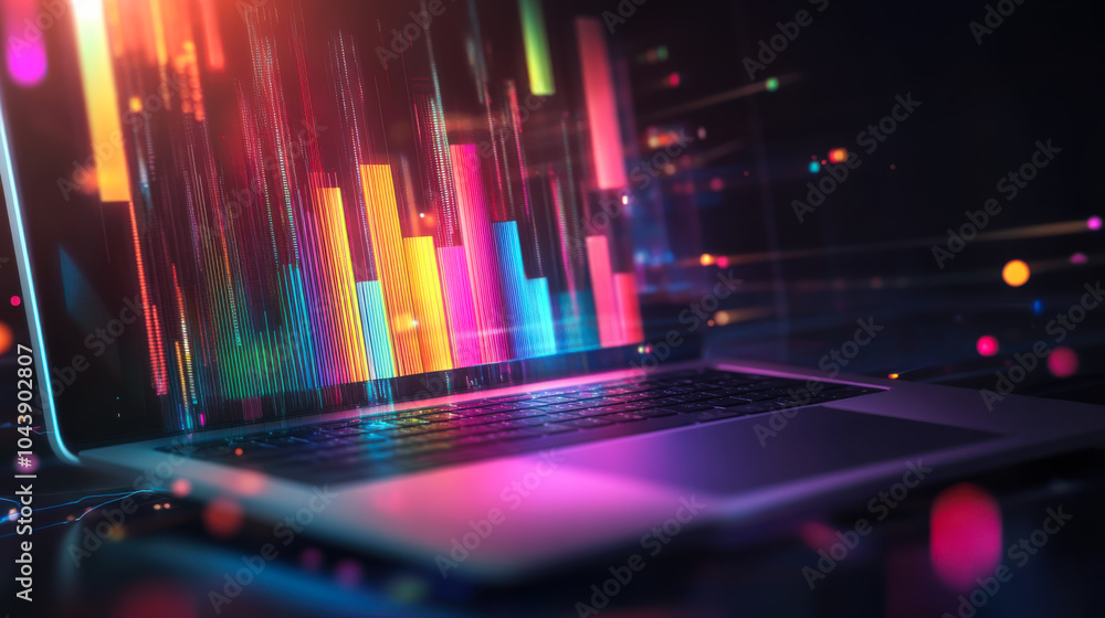 Poster colorful digital data visualization displayed on a laptop with vibrant graphics in a tech-inspired e