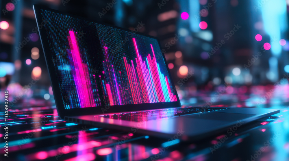 Poster colorful digital data visualization displayed on a laptop with vibrant graphics in a tech-inspired e