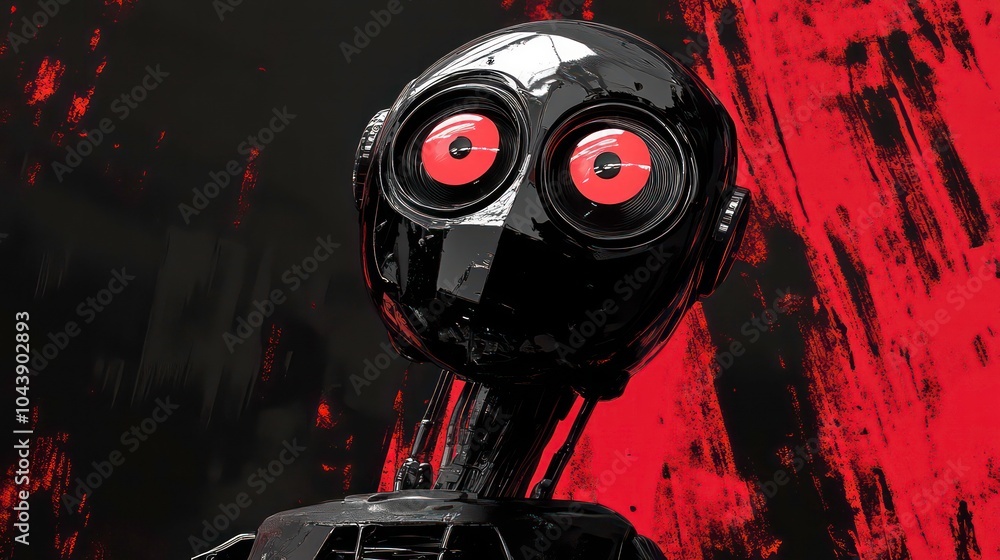 Poster a close-up of a black robotic head with red eyes against a red and black abstract background.