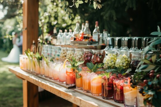 Outdoor bar with different cocktails at wedding reception
