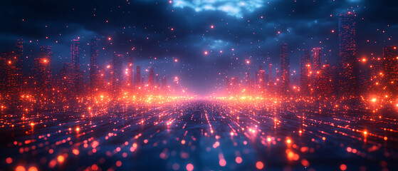 Obraz premium Futuristic Cityscape with Glowing Lights and a Starry Night Sky