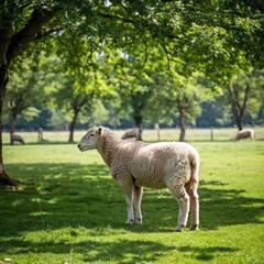 Fototapeta premium A full shot of a sheep grazing peacefully under a tree, with soft focus giving a tranquil, slightly blurred view of the sheep and the surrounding meadow