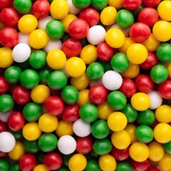 Fototapeta premium a macro shot from below a large, colorful pile of candy, including items like gummy bears, lollipops, and chocolate bars. Capture the vibrant colors and textures of the candy from the base of the