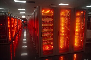 A row of illuminated data servers fills a high-tech facility, casting a vibrant red glow.