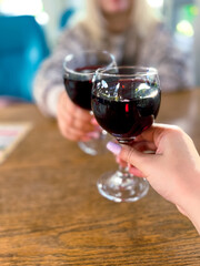 Women drink red wine from glasses. Women couple celebrating with red wine