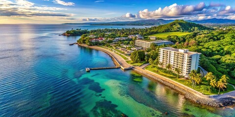 Obraz premium Reclaimed land development with hotel infrastructure near shoreline in Honiara